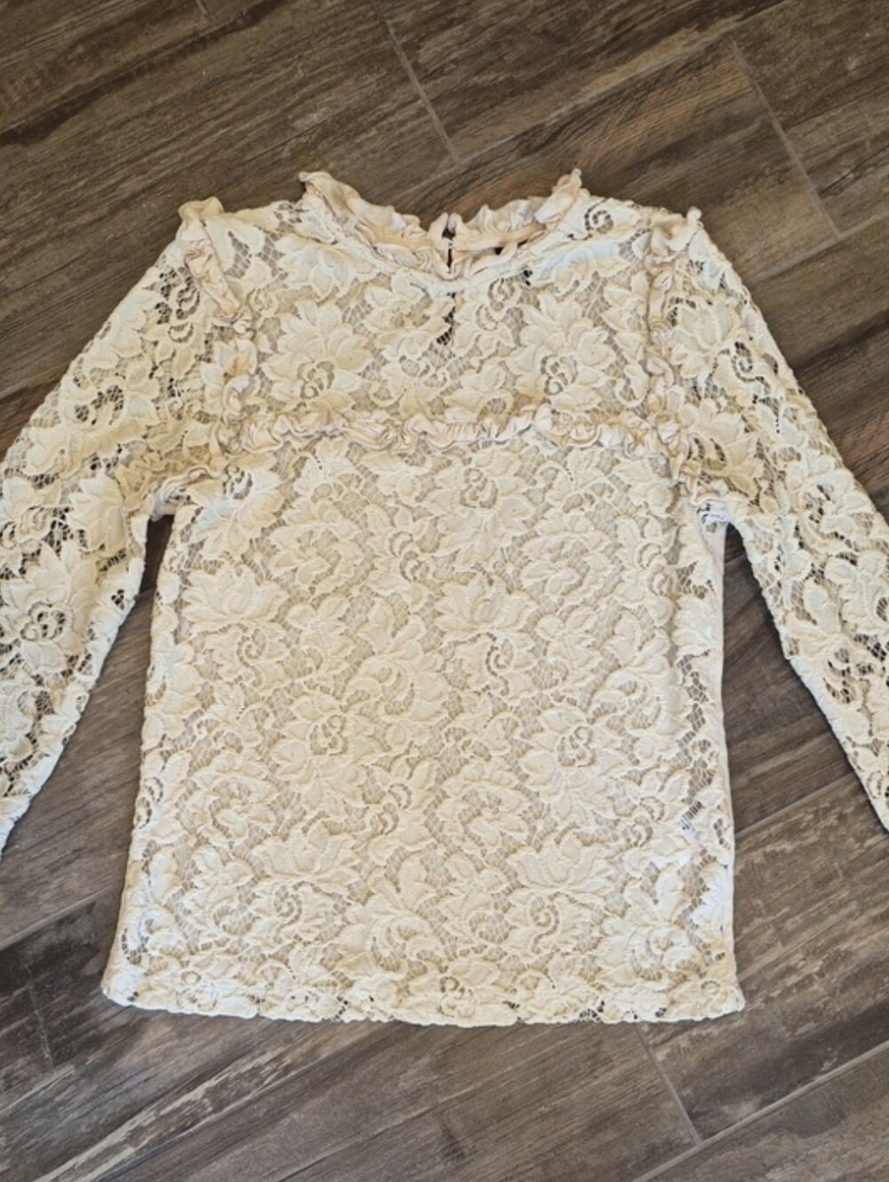 TOPSHOP 3/4 Sleeve Transparent Cream Colored Lace Top, XXS - Picture 1 of 14